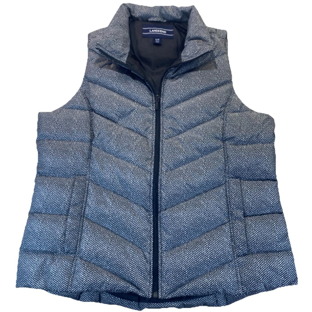 Lands End Womens L Tall Down Puffer‎ Vest Black White Herringbone Zip Front